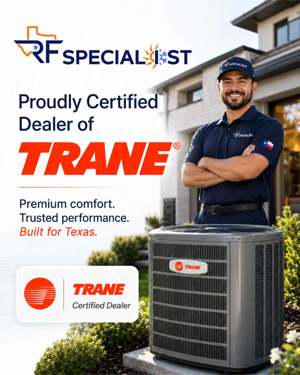 RF Specialist technician beside a Trane air conditioning unit