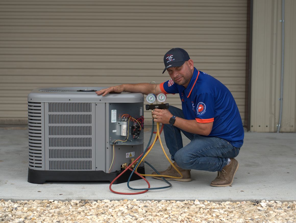 An RF technician checking an outdoor condensing unit with a manifold gauge set.